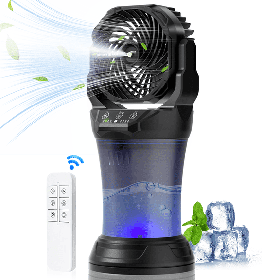MENGBEI 30000mAh Rechargeable Misting Fan, 68 Oz Tank Portable Mist Fan with RGB Light & Remote, 120 Oscillation 4 Speed & Spray Modes for Outdoor Activities