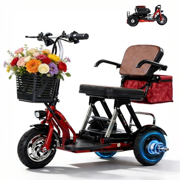 MENGFANMIN Mobility Scooter for Seniors,3 Wheels Foldable Portable Motorized Scooters with Removable Lithium Battery for 34 Miles,265lb Capacity,350w Motor,Red