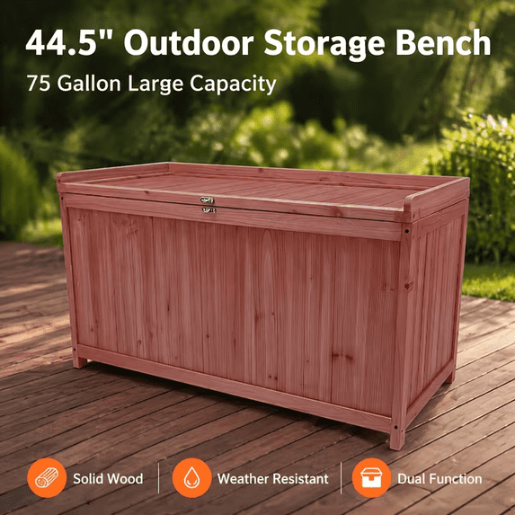 MENGFANYU-75-Gallon Outdoor Solid Wood Deck Box, 44.5-Inch Outdoor Storage Bench, Deck Box with Sealed Hinge Lid