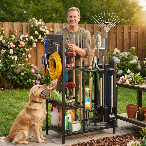 MENGFANYU-Garden Tool Organizer for Garage Organization, 3 Tier Yard Tool Storage Rack with 35 Long-Handled Tool Slots