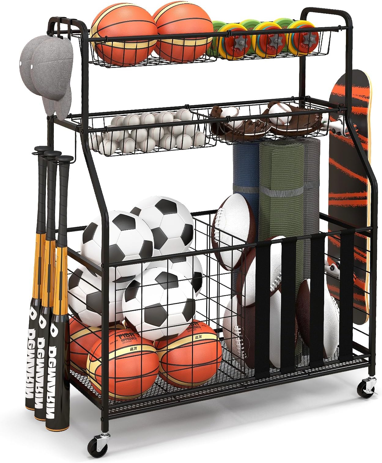 Ball Rack Storage Recreation Sports Equipment Mr IRONSTONE Rolling Sports Organizer - 4-Tier Ball ...