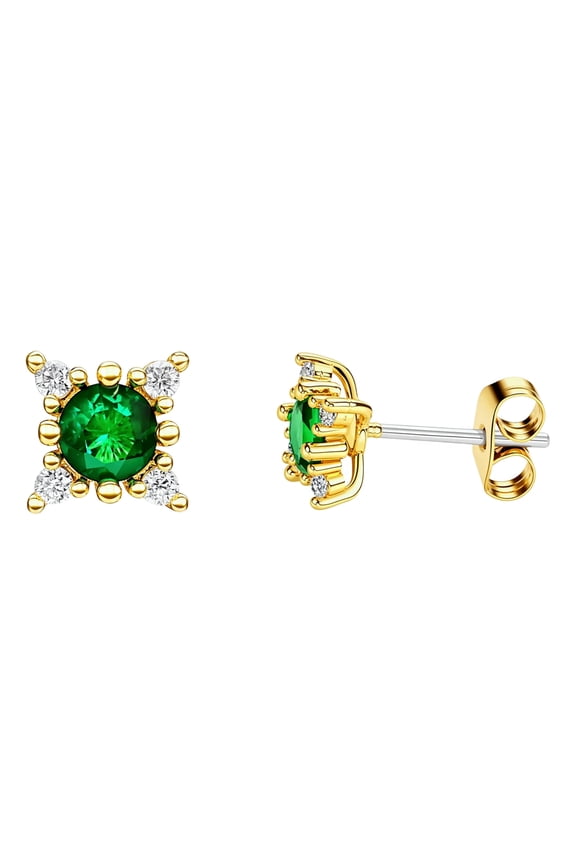 Emerald Green Cubic Zirconia Four-Point Star Stud Earrings for Women, 14K Gold Plated Copper with 925 Sterling Silver Posts
