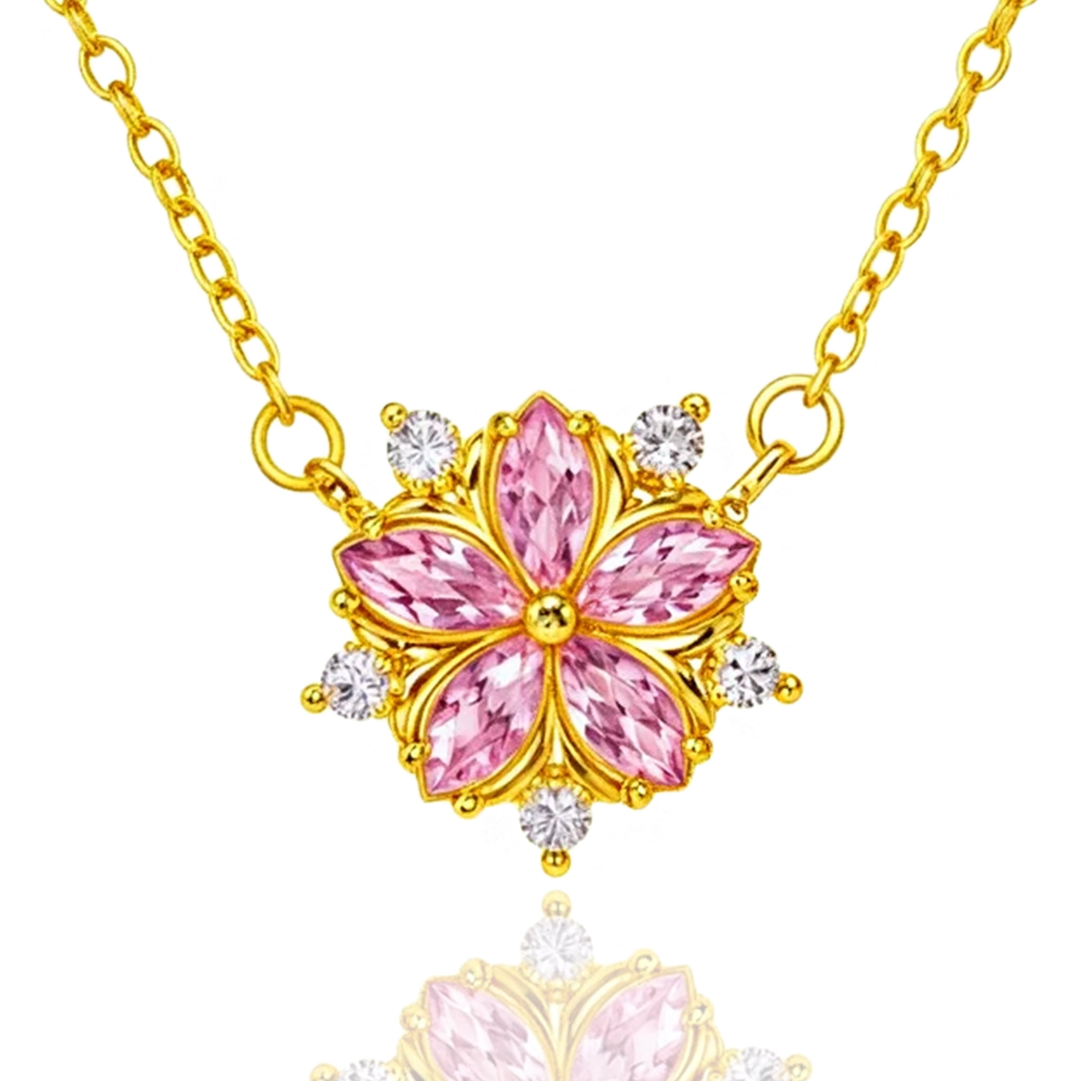 MENGLISI Light Pink Cubic Zirconia Five-Petal Flower Pendant Necklace for Women, 14K Gold Plated Copper