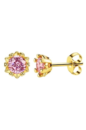 14K Gold Plated Pink Cubic Zirconia Flower Shape Stud Earrings, Hypoallergenic 925 Sterling Silver Post for Women