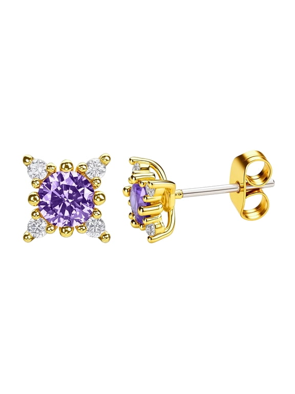 14K Gold Plated Purple Cubic Zirconia Star Shape Stud Earrings, Hypoallergenic 925 Sterling Silver Post for Women