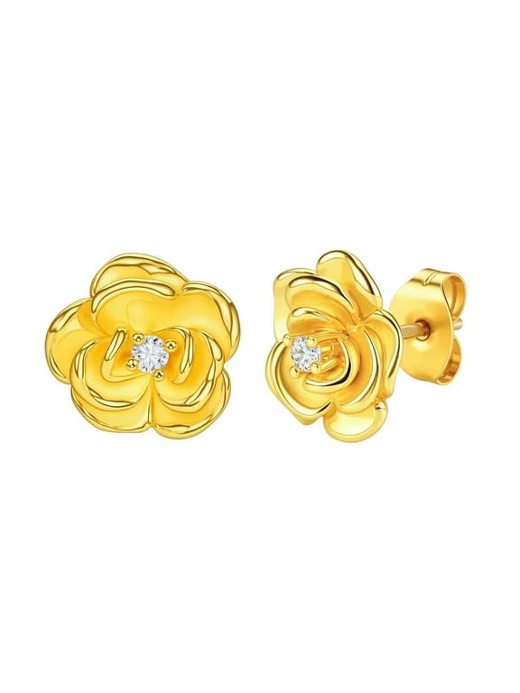 14K Gold Plated White Cubic Zirconia Camellia Flower Shape Stud Earrings, Hypoallergenic 925 Sterling Silver Post for Women