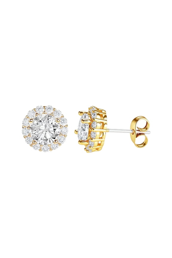 Clear Cubic Zirconia Halo Stud Earrings for Women, 14K Gold Plated Copper with 925 Sterling Silver Posts