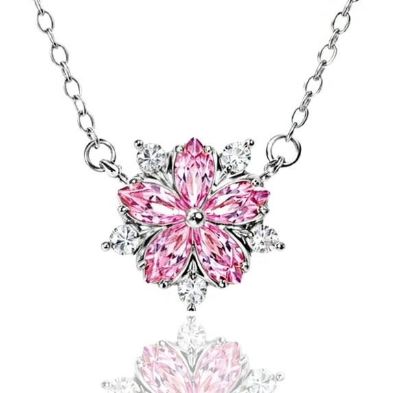 MENGLISI Light Pink Cubic Zirconia Five-Petal Flower Pendant Necklace for Women, White Gold Plated Copper