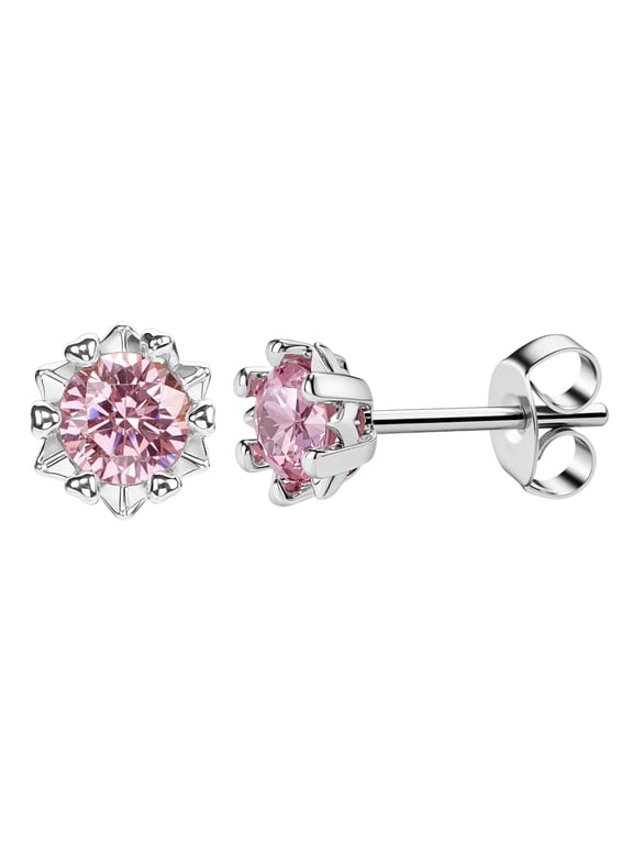 14K White Gold Plated Pink Cubic Zirconia Flower Shape Stud Earrings, Hypoallergenic 925 Sterling Silver Post for Women
