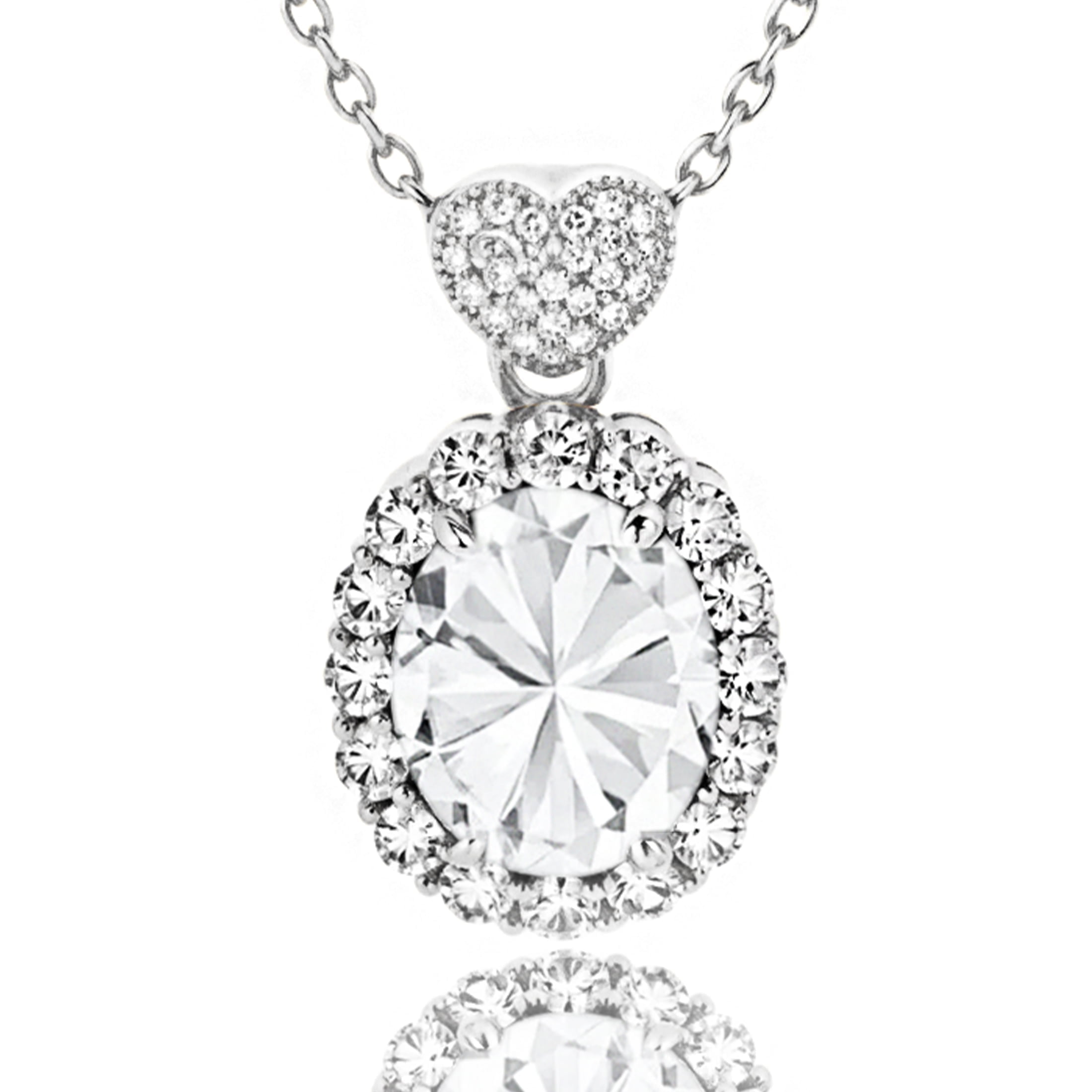MENGLISI Clear Cubic Zirconia Oval Halo Pendant Necklace for Women, White Gold Plated Copper