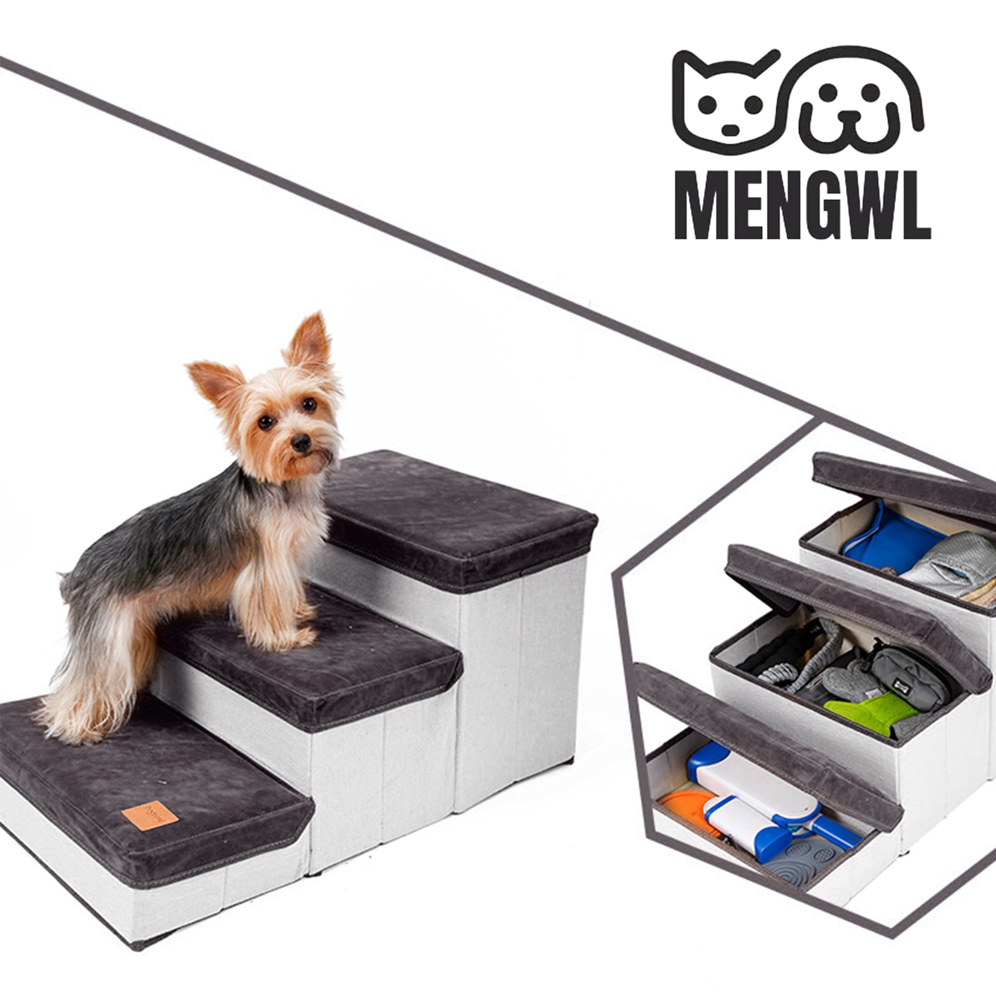 MENGWL Dog Steps with Storage Foldable Dog Ramps for Small Dogs 3 Tiers