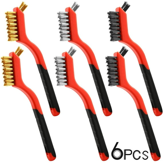 MENKEY Wire Brush Set, 6 Pcs Brass/Stainless Steel/Nylon Wire Brushes for Cleaning with Curved Handle Grip for Rust Removal, Dirt, Paint Scrubbing