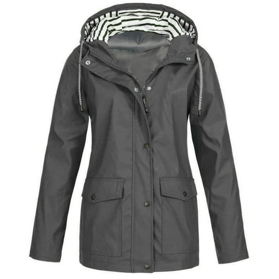 MENRKOO Women Solid Rain Jacket Outdoor Plus Size Waterproof Hooded Raincoat Windproof Coats Jacket For Women Tops Gray M