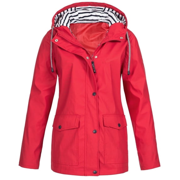 MENRKOO Women Solid Rain Jacket Outdoor Plus Size Waterproof Hooded Raincoat Windproof Coats Jacket For Women Tops Red L