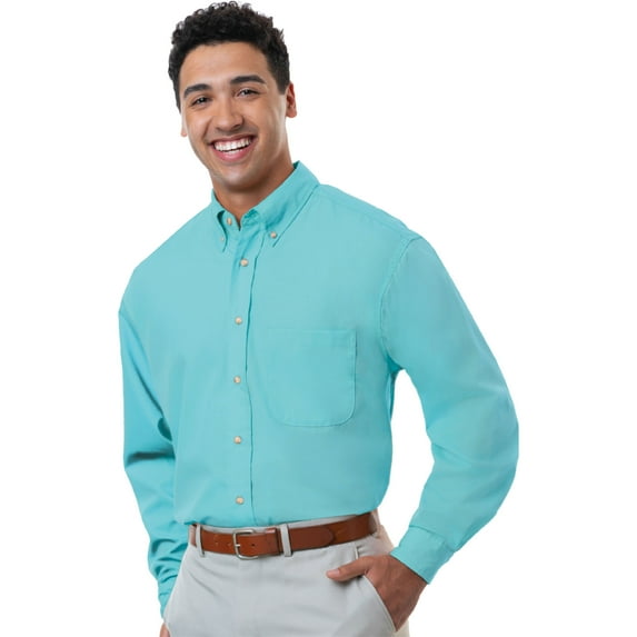 MENS LONG SLEEVE EASY CARE POPLIN - AQUA LARGE SOLID