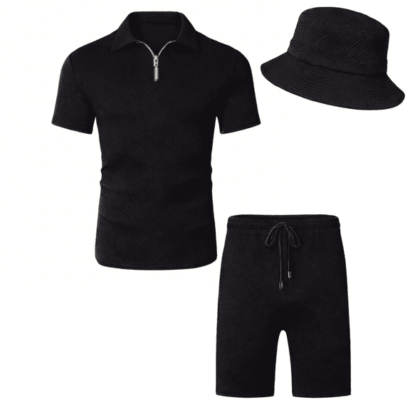 MENS cruise outfits mens 2 Piece outfit for Casual Loose Shirt and Shorts Set Tracksuits Set with bucket hat black 2XL