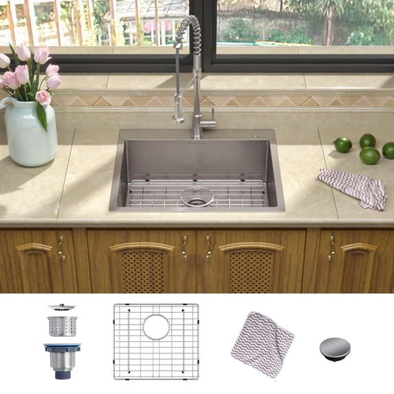 MENSARJOR Drop in Kitchen Sink, 25 x 22 inch Topmount Kitchen Sink, 16 Gauge Stainless Steel Sink, Handmade for Single Bowl Kitchen Sink, or Outdoor Sink