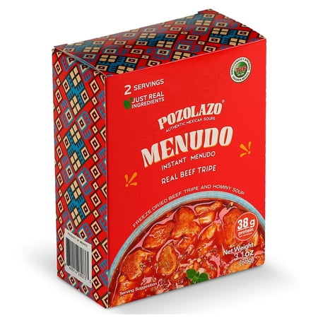 POZOLAZO | Instant Menudo Soup | Mexican Beef Tripe Soup | Real Freeze-Dried Meat | 2-Serving Box | Authentic Red Chile Broth & Hominy