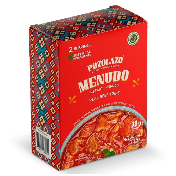 POZOLAZO | Instant Menudo Soup | Mexican Beef Tripe Soup | Real Freeze-Dried Meat | 2-Serving Box | Authentic Red Chile Broth & Hominy