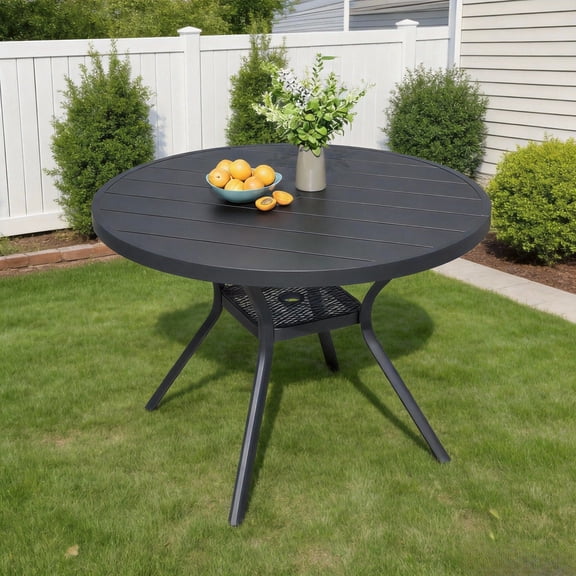 MEOOEM 42" Round Iron Slat Outdoor Dining Table with Umbrella Hole - Weatherproof for Patio