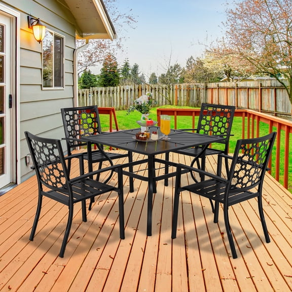 MEOOEM 5-Piece Iron Patio Dining Set - 4 Flower-Back Iron Dining Chairs + 37" Square Slat Table - Outdoor Backyard Weatherproof Seating