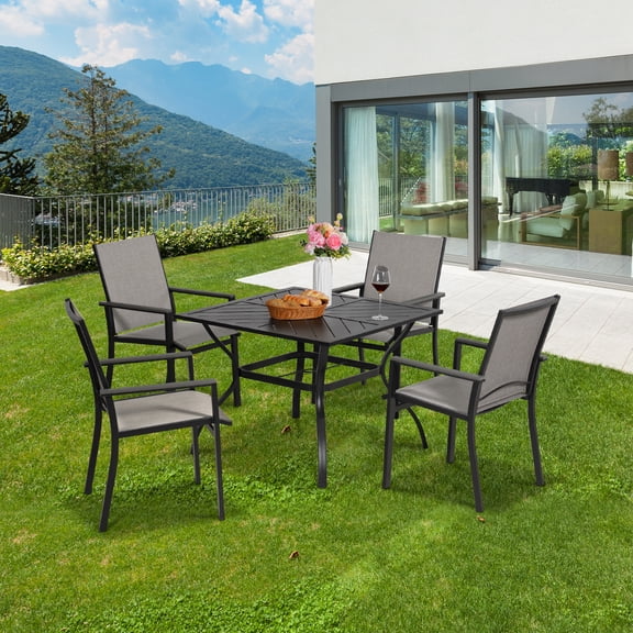 MEOOEM 5-Piece Iron Patio Dining Set, 4 Textilene Stationary Chairs & 37" Square Slat Table, Weatherproof Outdoor Furniture for Backyard, Patio, Deck