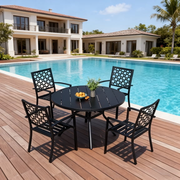 MEOOEM 5-Piece Patio Dining Set, 41" Round Table with Umbrella Hole & 4 Stackable Floral Metal Chairs, Outdoor Furniture for Backyard, Deck, Poolside