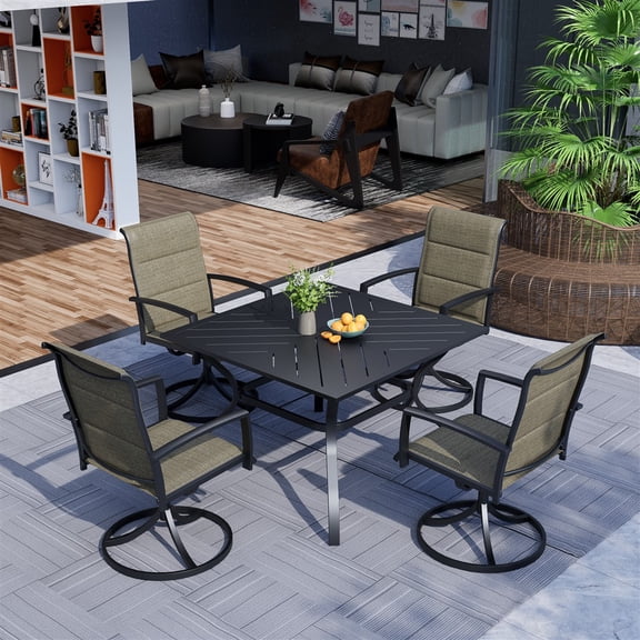 MEOOEM 5-Piece Iron Outdoor Dining Set - 4 Swivel Textilene Chairs & Square Table with Umbrella Hole