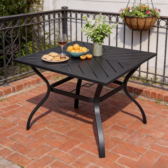 MEOOEM Square Steel Slat Outdoor Dining Table with Umbrella Hole - Weatherproof for Patio & Backyard