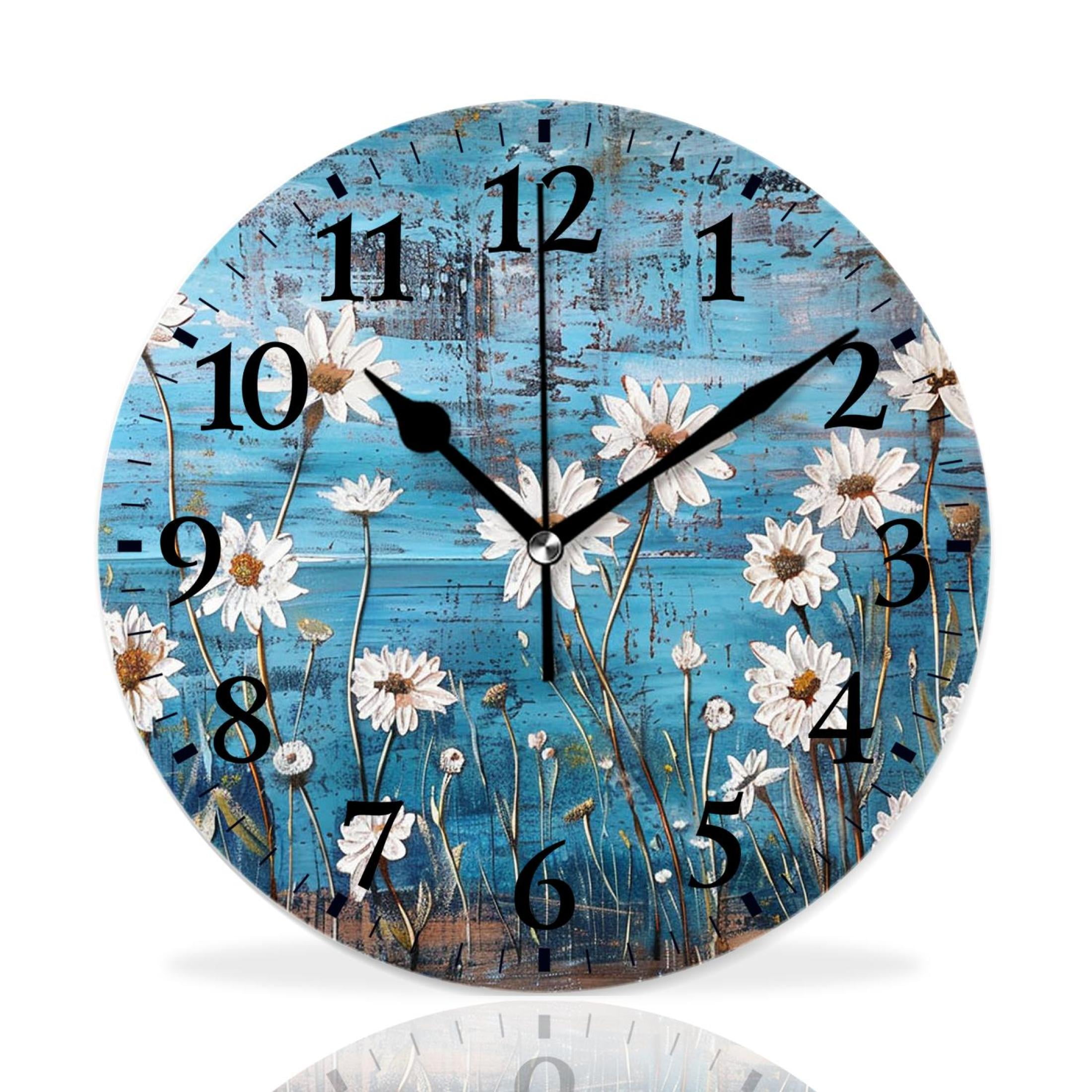 MEOSLZUT 10 inch Round Wall Clock,Daisy on Blue Wooden Pretty,Silent