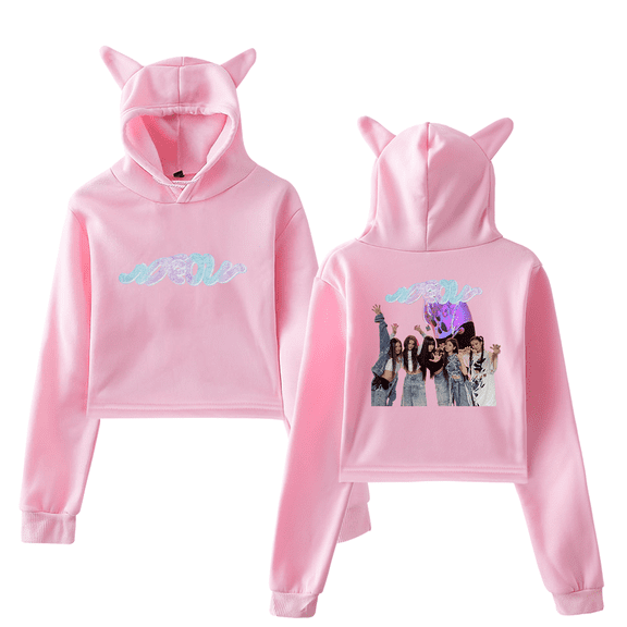 MEOVV Merch Logo Girl's Cute Cat Ear Cropped Pullover Hoodie Hooded Sweatshirt