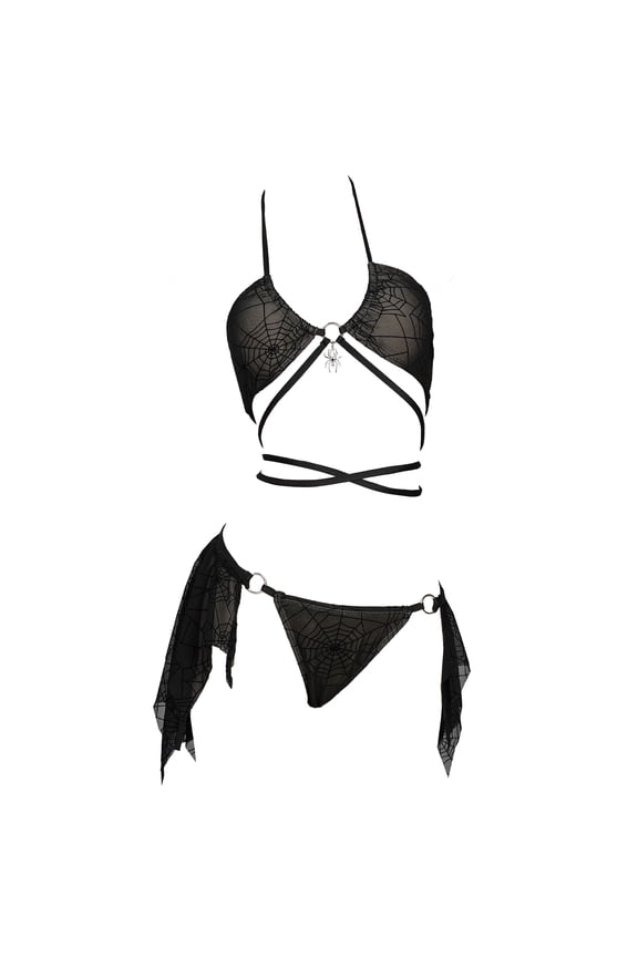 Dark Style Swimsuit for Women Spider Web Design Bikini Gothic Bathing Suit, Black, S