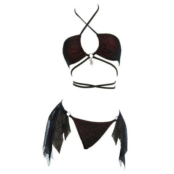MEOWCOS Goth Bikini Sets for Women Spider Web Pattern Swimsuit Two Piece Bathing Suit, Dark Red, M