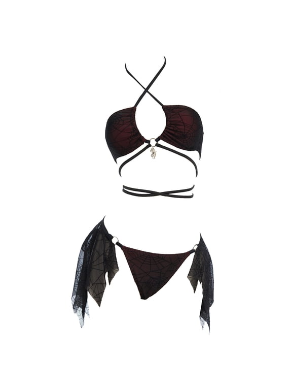 Goth Bikini Sets for Women Spider Web Pattern Swimsuit Two Piece Bathing Suit, Dark Red, M