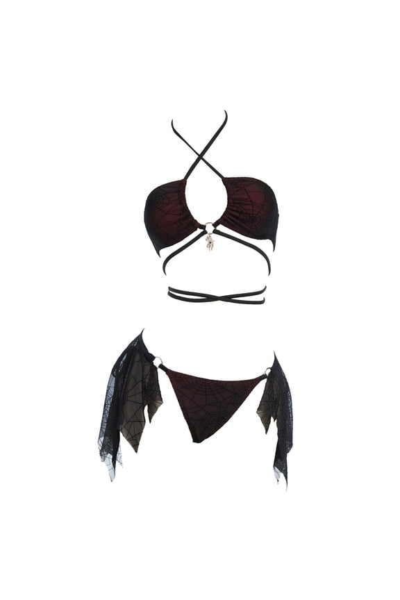 Goth Bikini Sets for Women Spider Web Pattern Swimsuit Two Piece Bathing Suit, Dark Red, S