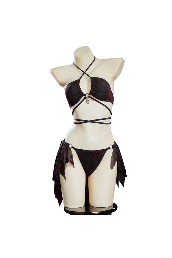 MEOWCOS Gothic Black Red Swimsuit for Women Spider Web Design Two Piece Swimwear Dark Style