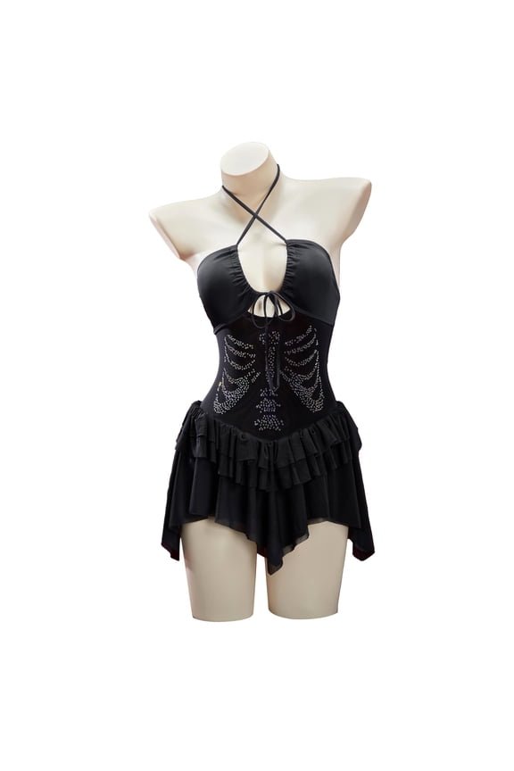 MEOWCOS Gothic One Piece Swimsuits for Women Black Skeleton Pattern Halter Bathing Suit Tummy Control