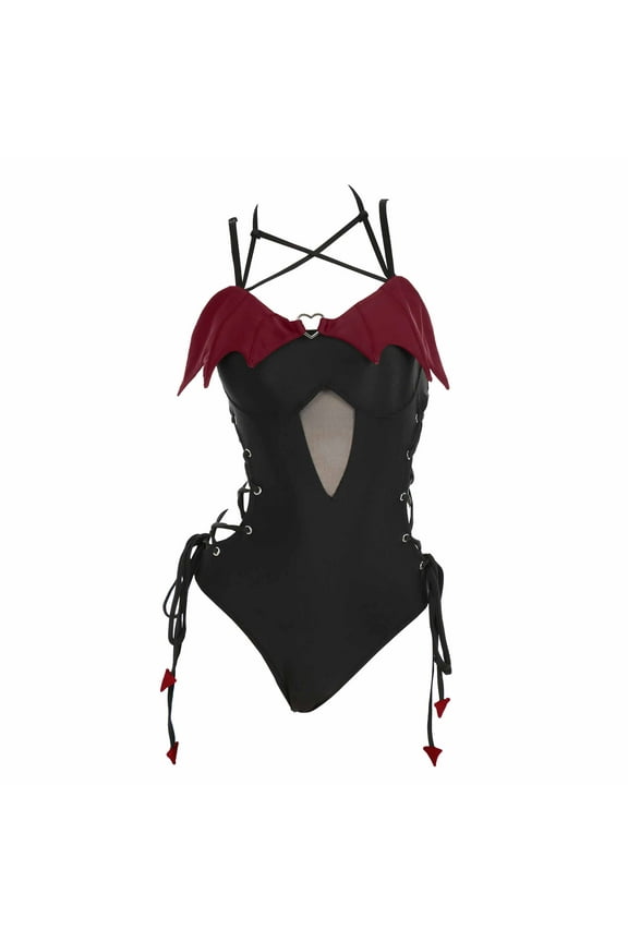 Sexy One Piece Swimsuit for Women Gothic Bathing Suit Tummy Control with Devil Wings Decor