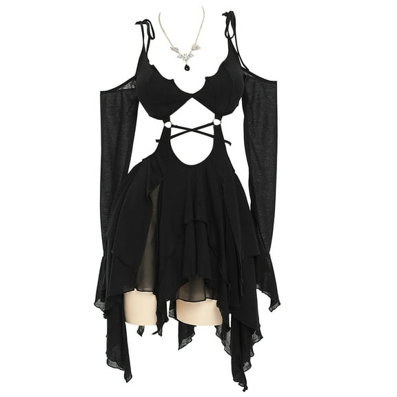 MEOWCOS Women Dark Bat Gothic Dress Black Camisole Cut Out Long Sleeves Dress Irregular Dress with Necklace, S