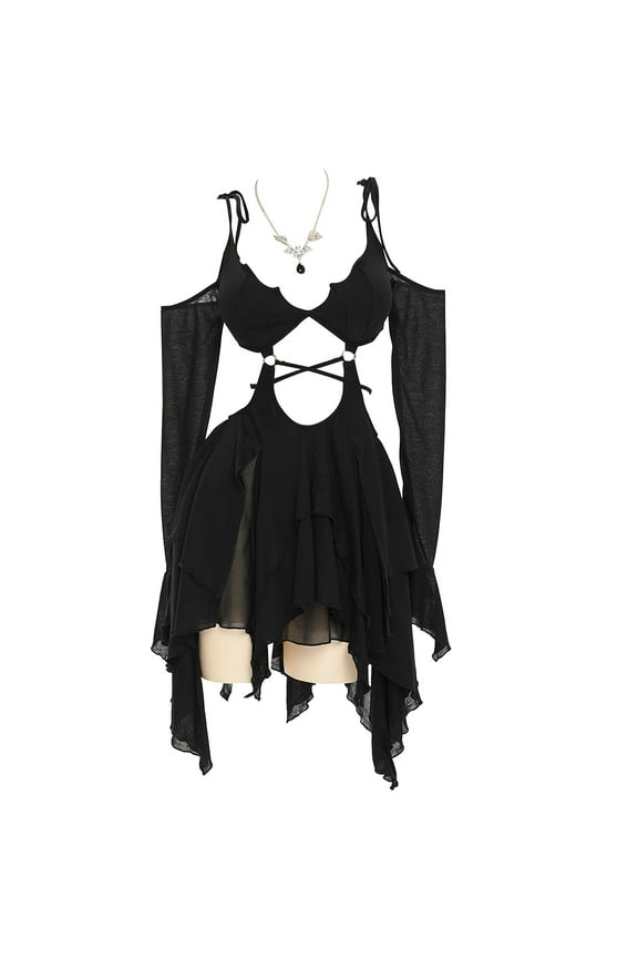 Women Dark Bat Gothic Dress Black Camisole Cut Out Long Sleeves Dress Irregular Dress with Necklace, S