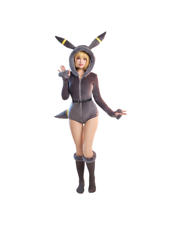 Women's Anime Derivative Sexy Lingerie Bodysuit Halloween Plush Hooded Deep V Romper with Tail Belt and Socks, S