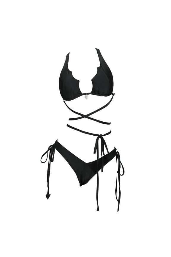 Women Gothic Bat Style Black Two-Piece Swimsuit Halter Lace-up Top and Low Waist Triangle Bottom Bathing Suit