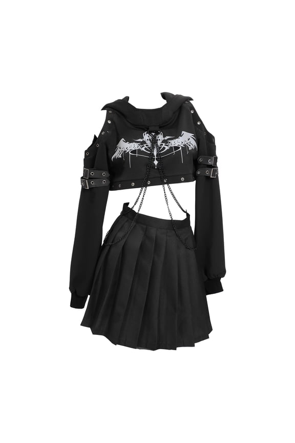 Women Gothic Black Hoodies Printed Crop Top Punk Style Long Sleeve Sweatshirt with Hood and Chain