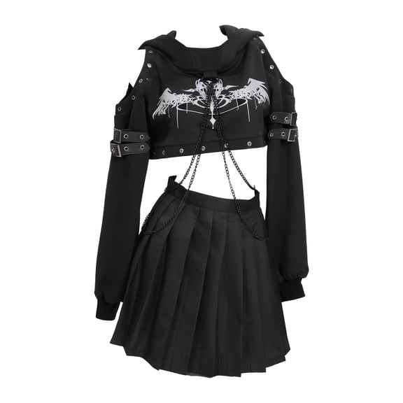 MEOWCOS Women Gothic Black Hoodies Printed Crop Top Punk Style Long Sleeve Sweatshirt with Hood and Chain