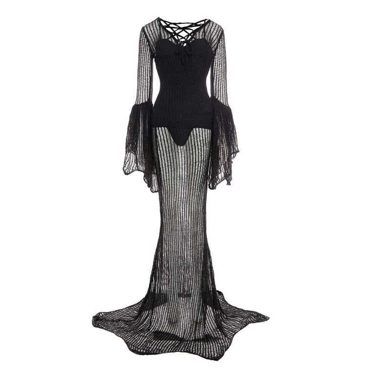 MEOWCOS Women Gothic Dark Mesh Knit Dress Black Lace-up Batwing Sleeves Long Dress for Halloween