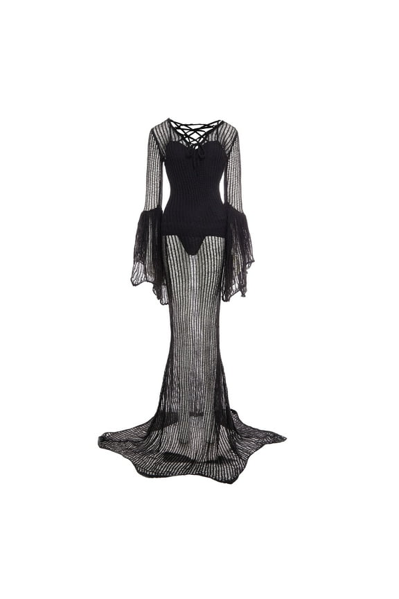 Women Gothic Dark Mesh Knit Dress Black Lace-up Batwing Sleeves Long Dress for Halloween