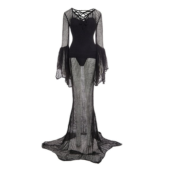 MEOWCOS Women Gothic Dark Mesh Knit Dress Black Lace-up Batwing Sleeves Long Dress for Halloween