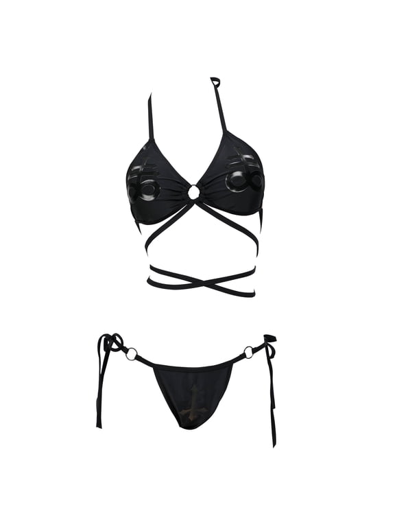 Women Gothic Dark Style Bikini Black Devil Print Top And Panty