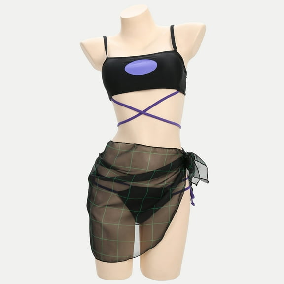 MEOWCOS Women Gothic Purple Oval Print Drawstring Two-Piece Swimsuit with Cover-Up