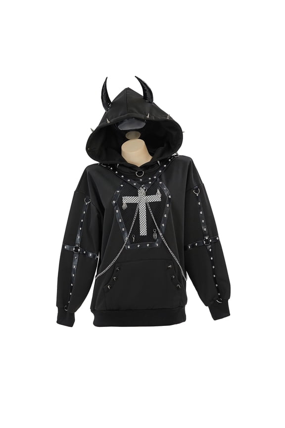 Women Gothic Style Black Sweatshirt Chain Rivets Cross Decor Demon Horns Hoodie